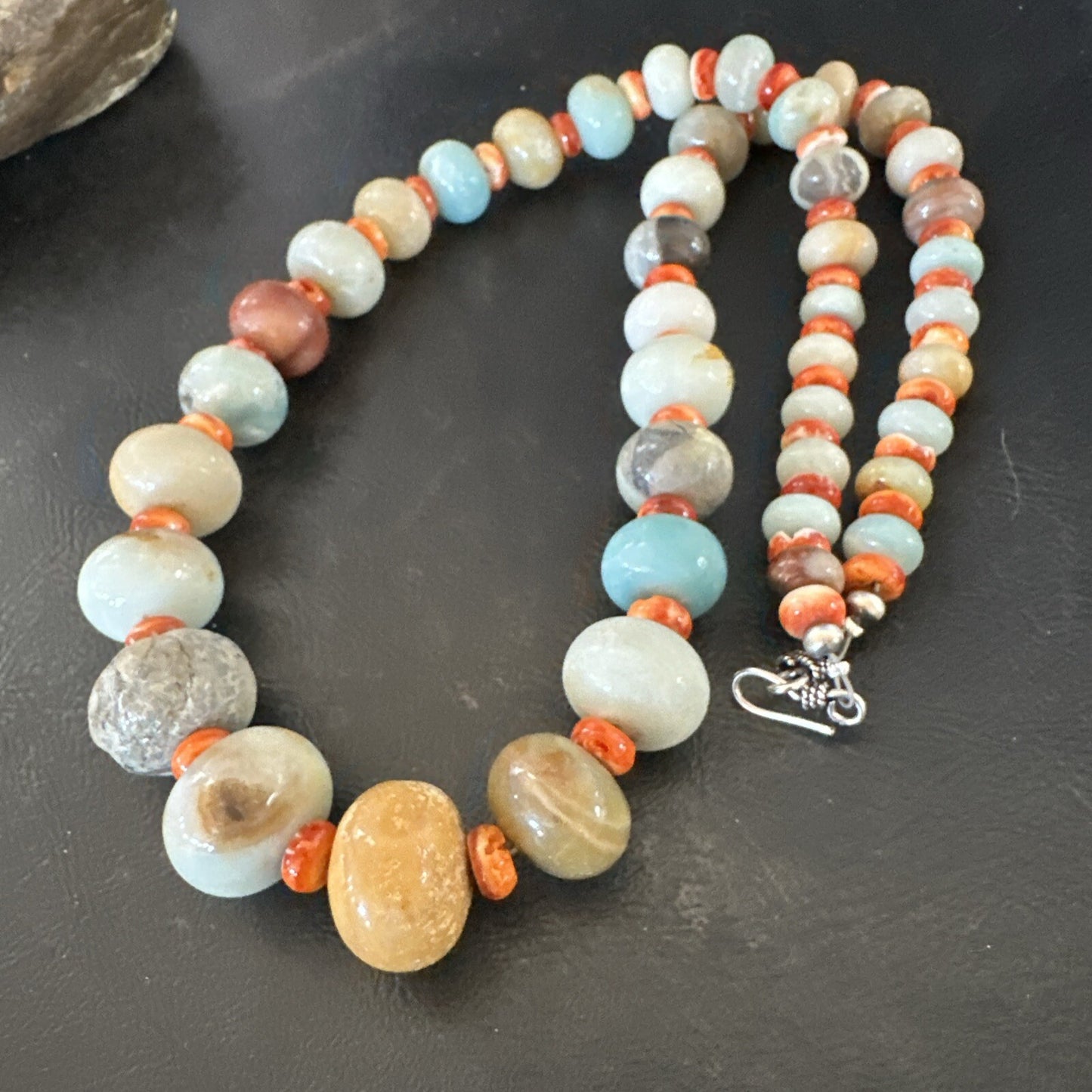 Blue Amazonite Orange Spiny Navajo Sterling Silver Bead Necklace 23” 17831