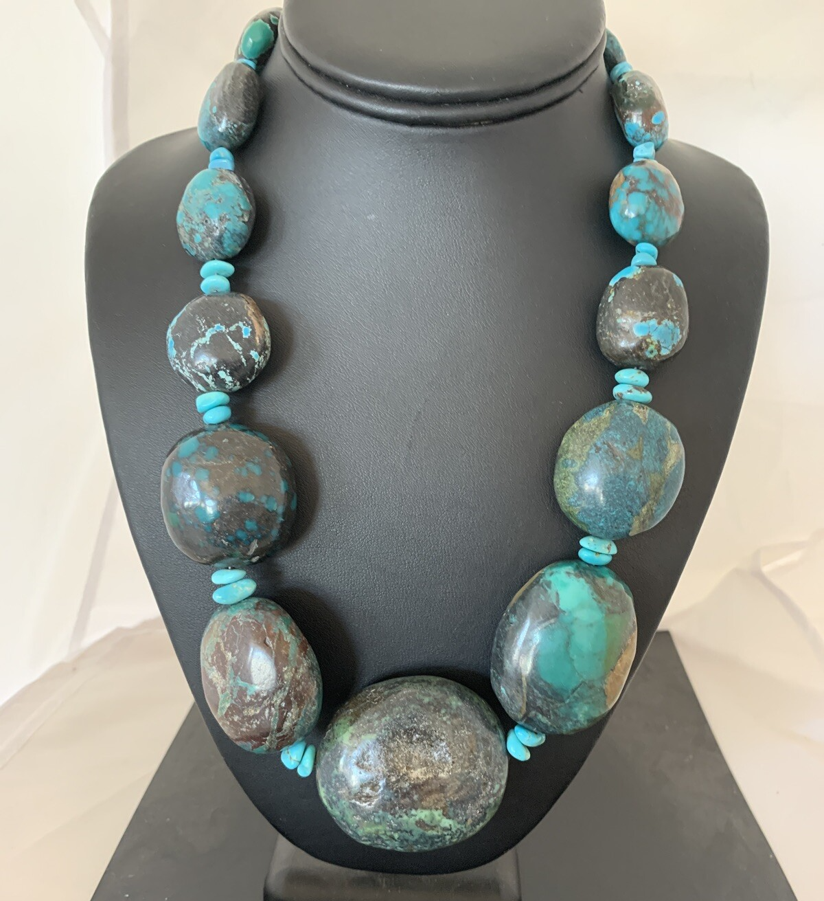 Natural Blue Nugget Turquoise Graduated Navajo Sterling Silver Necklace 00627