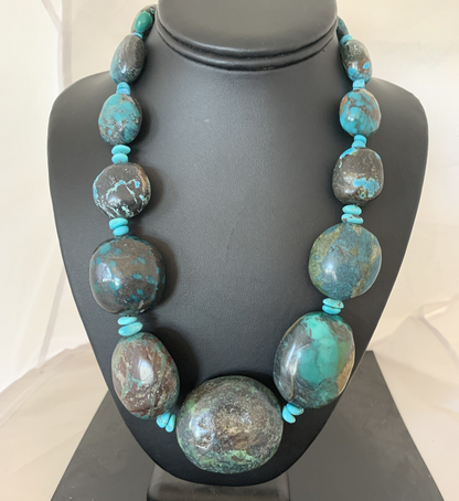 Natural Blue Nugget Turquoise Graduated Navajo Sterling Silver Necklace 00627