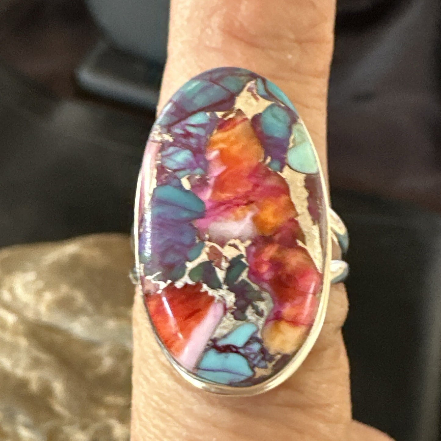 Blue Turquoise Spiny Oyster Southwestern Sterling Silver Ring Size 8 18482