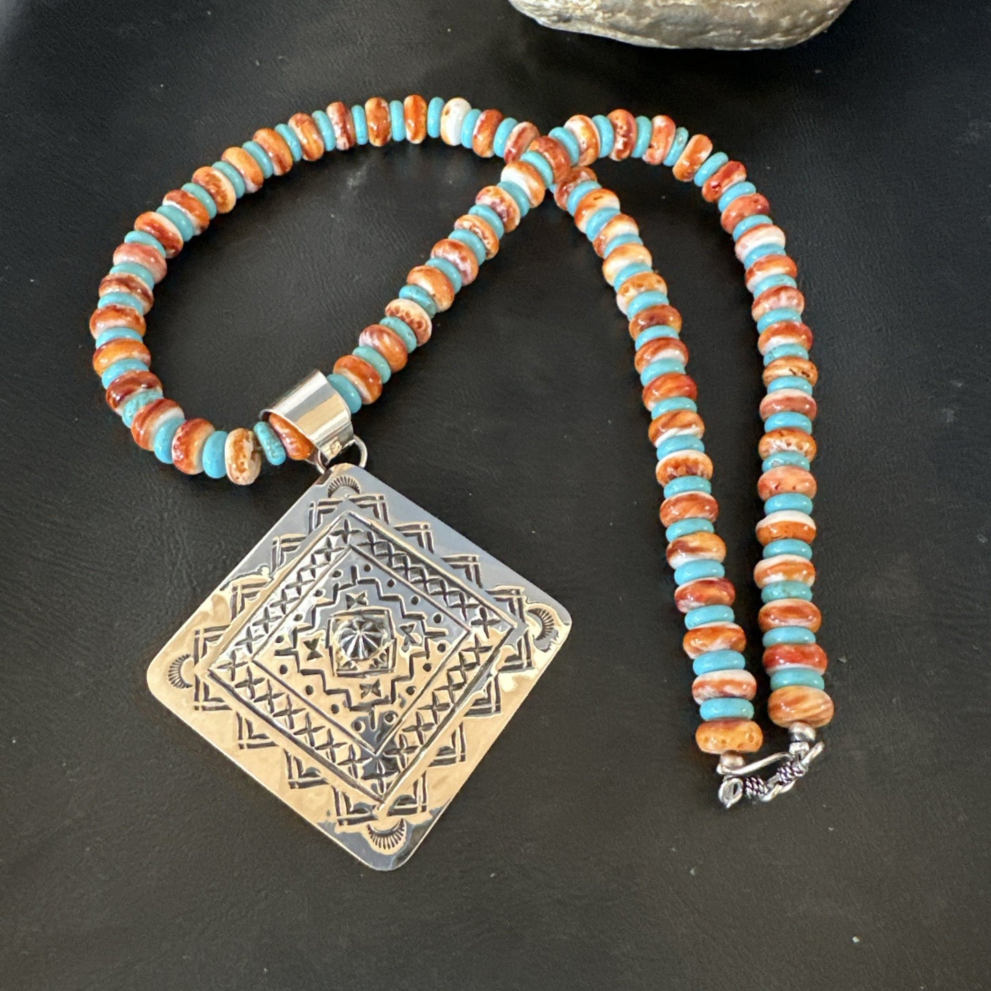 Orange Spiny Oyster Turquoise Navajo  Pendant Sterling Silver Necklace 21” 19043