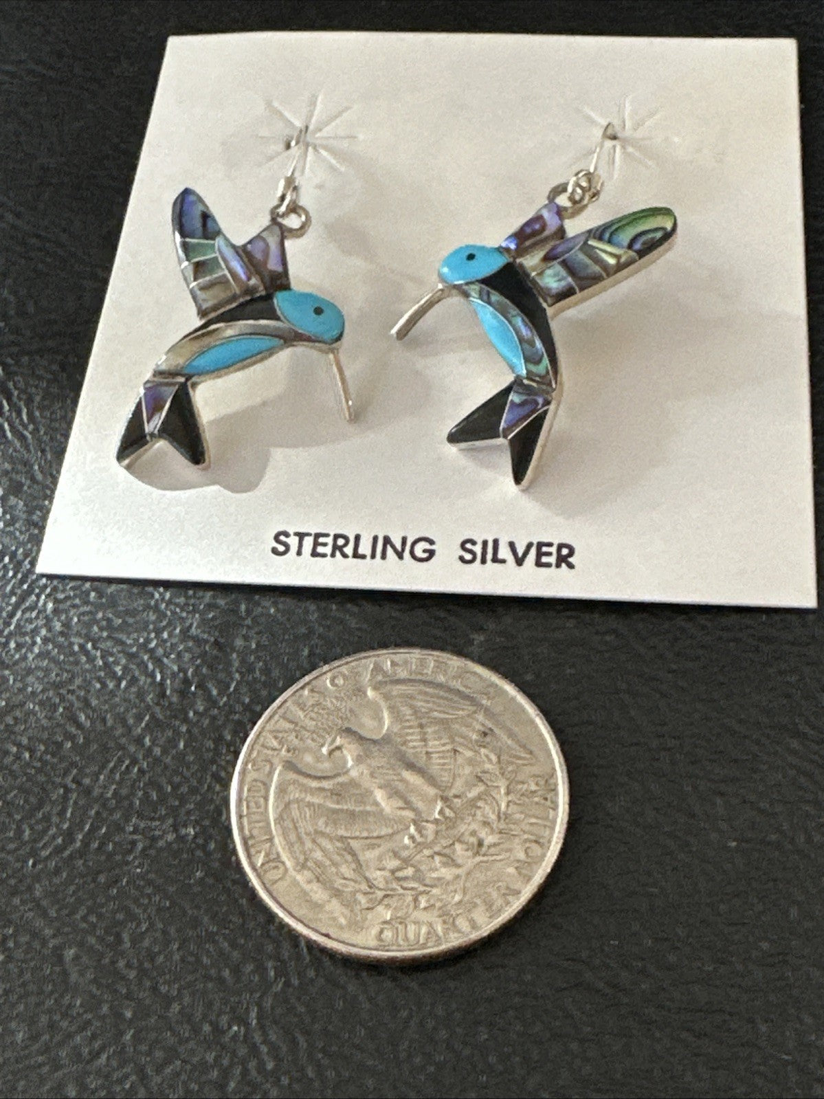 Blue Turquoise Pava Shell Sterling Silver Hummingbird Dangle Earrings 19814