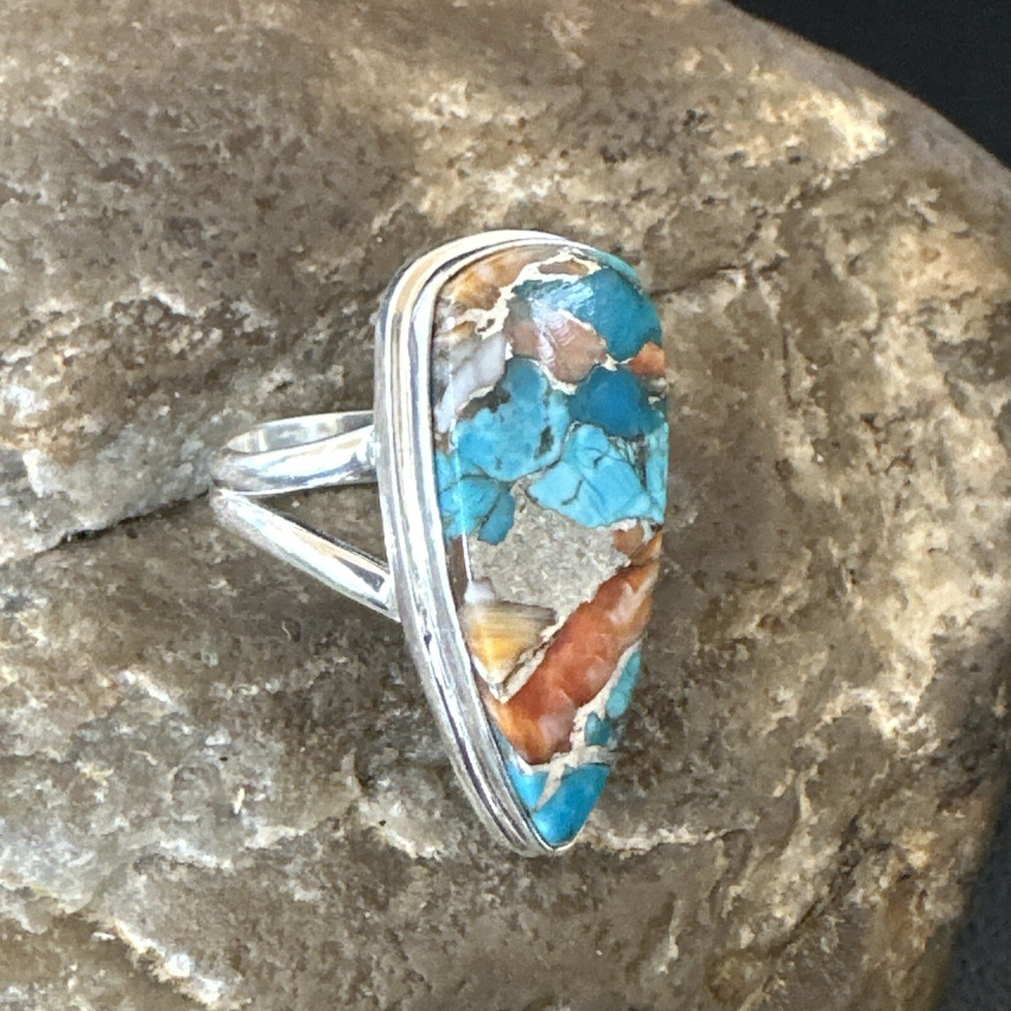 Blue Turquoise Spiny Oyster Southwestern Sterling Silver Ring Size 5 18501