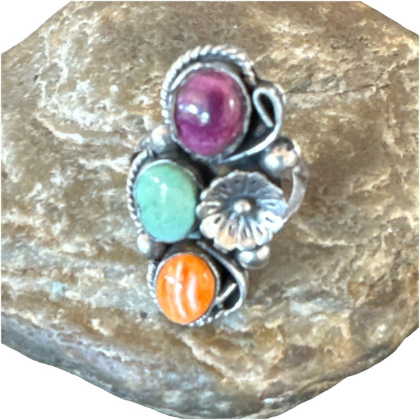 Multicolor Ring Turquoise Spiny Navajo Cluster Size 9 | Sterling Silver | Authentic Native American Handmade | 19174