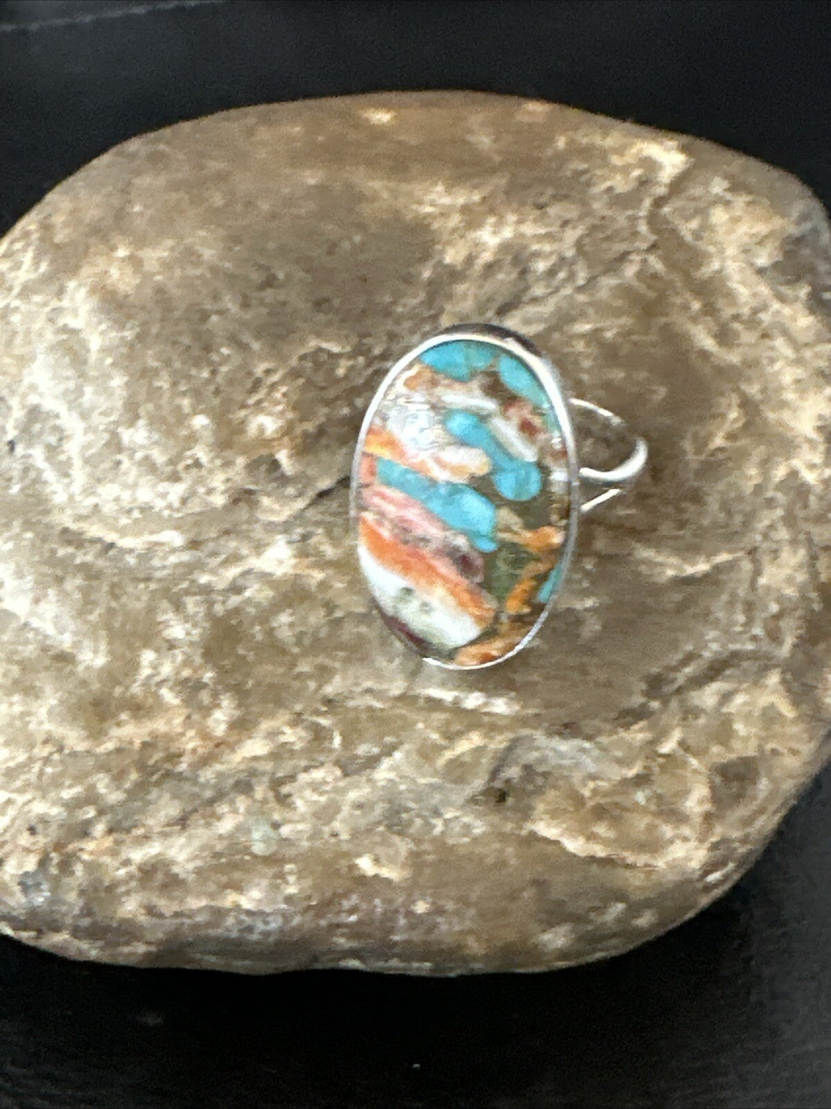 Blue Turquoise Orange Spiny Oyster Navajo Sterling Silver Ring Size 10 18208