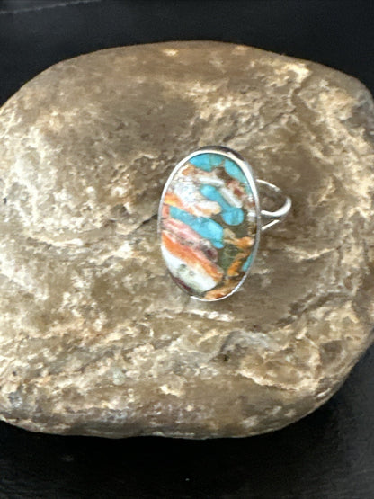 Blue Turquoise Orange Spiny Oyster Navajo Sterling Silver Ring Size 10 18208