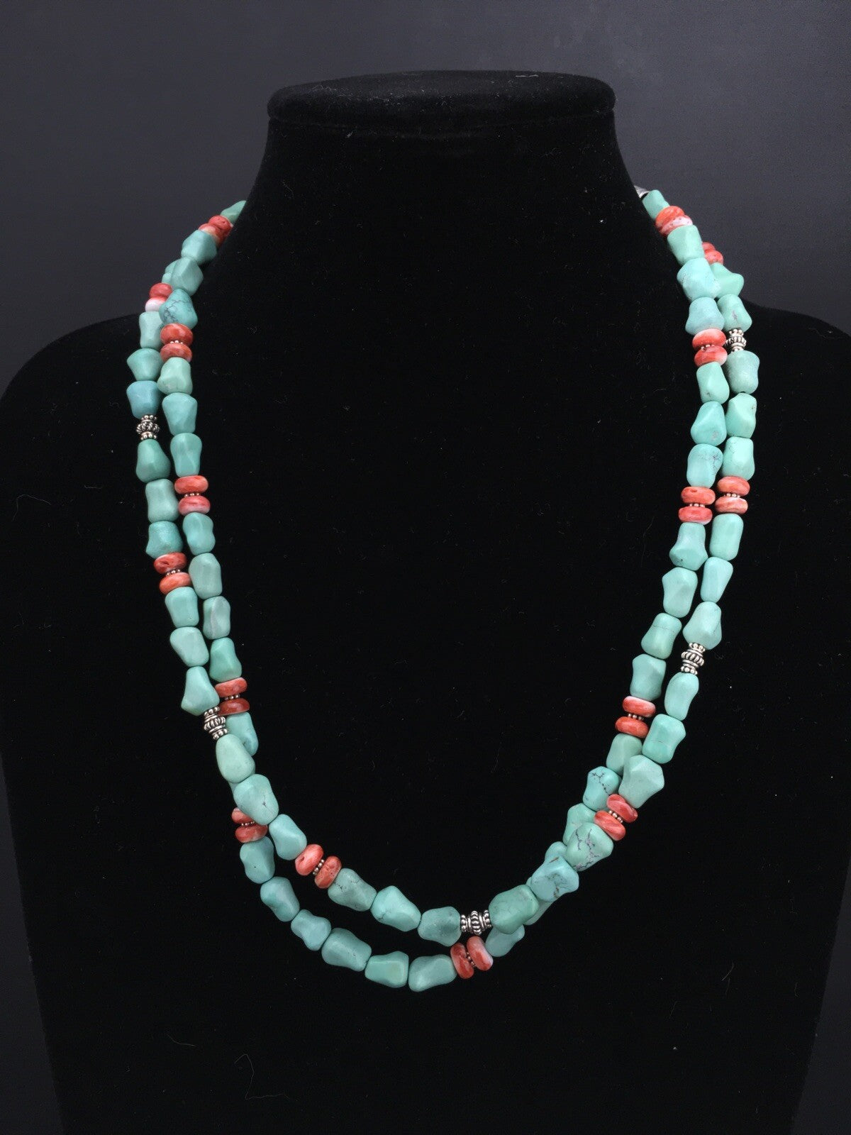 Native Turquoise Spiny Sterling Silver Nugget Bead 2 Strands Necklace 22" 01352