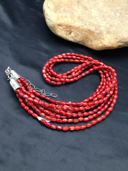 Red Bamboo Coral 4 Strand Navajo Sterling Silver Necklace 21" 02875