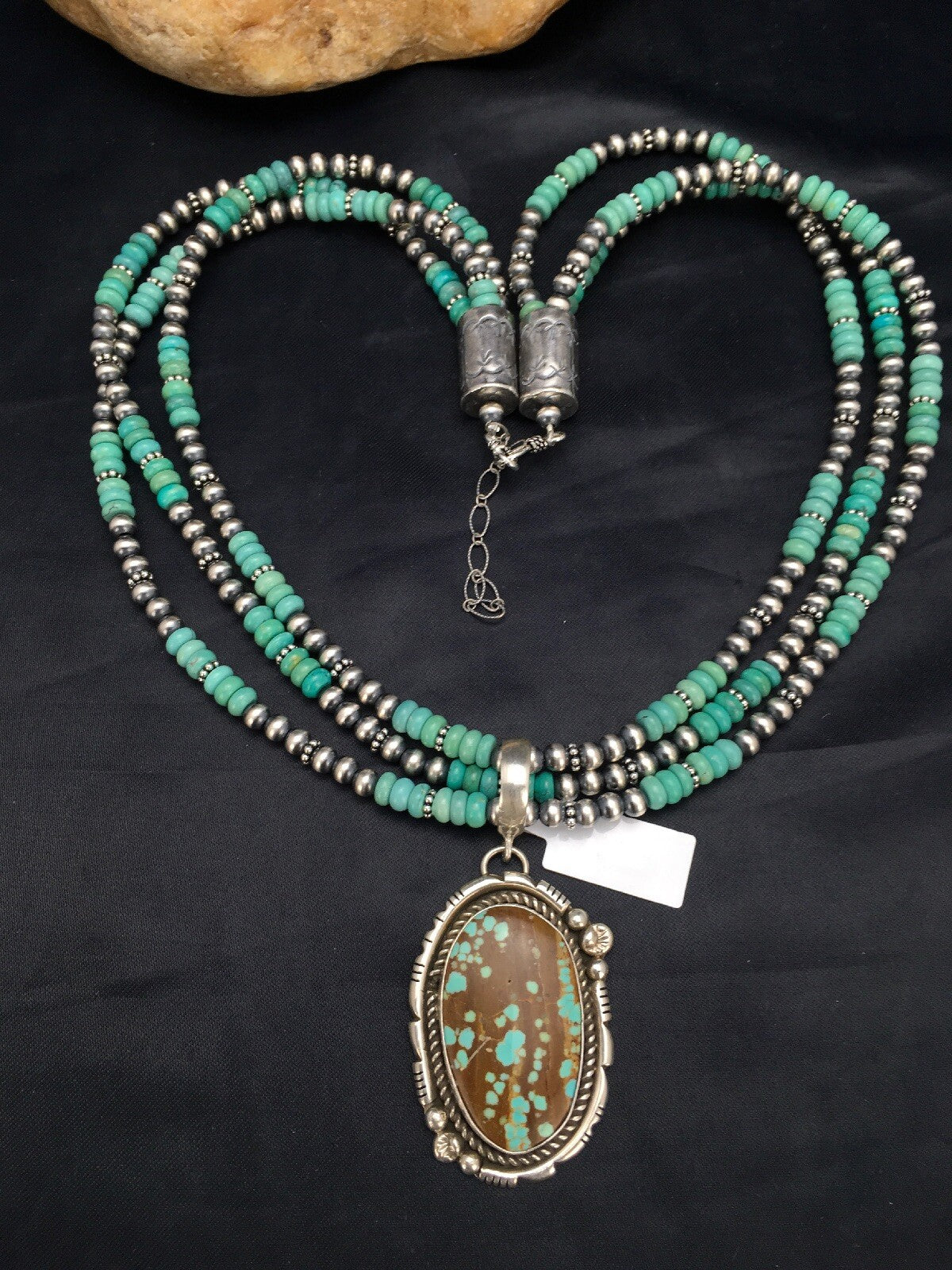 Spider Web Turquoise Pendant Navajo Sterling  Silver Bead 3 Strand Necklace 21in