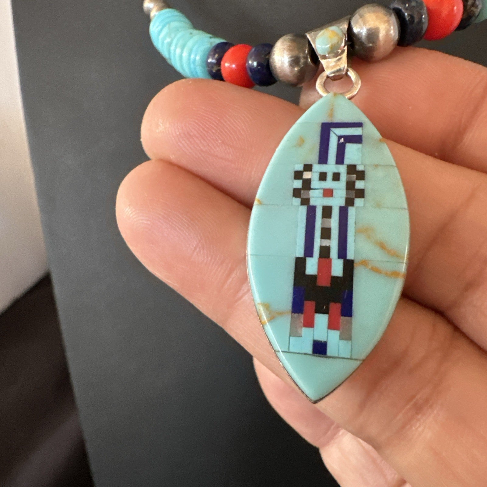 Multicolor Turquoise Coral Navajo Sterling Silver Inlay Pendant Necklace 19645