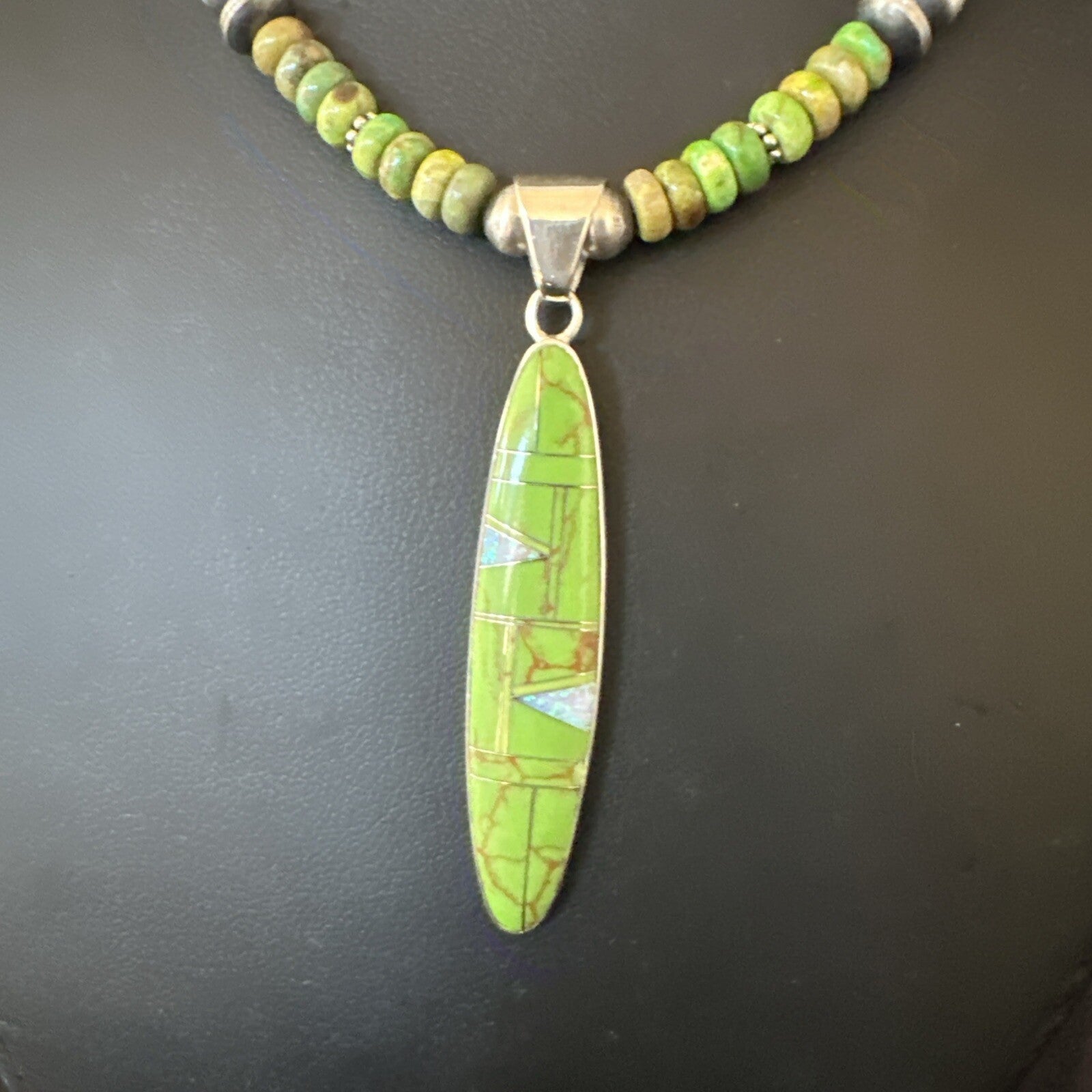 WoMens Green Gaspeite Turquoise Opal Pendant Sterling Silver Necklace 18666