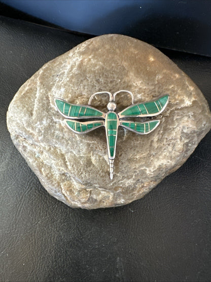 Rare Dragonfly Green Malachite Sterling Silver Inlay Pin 1.35” 19820
