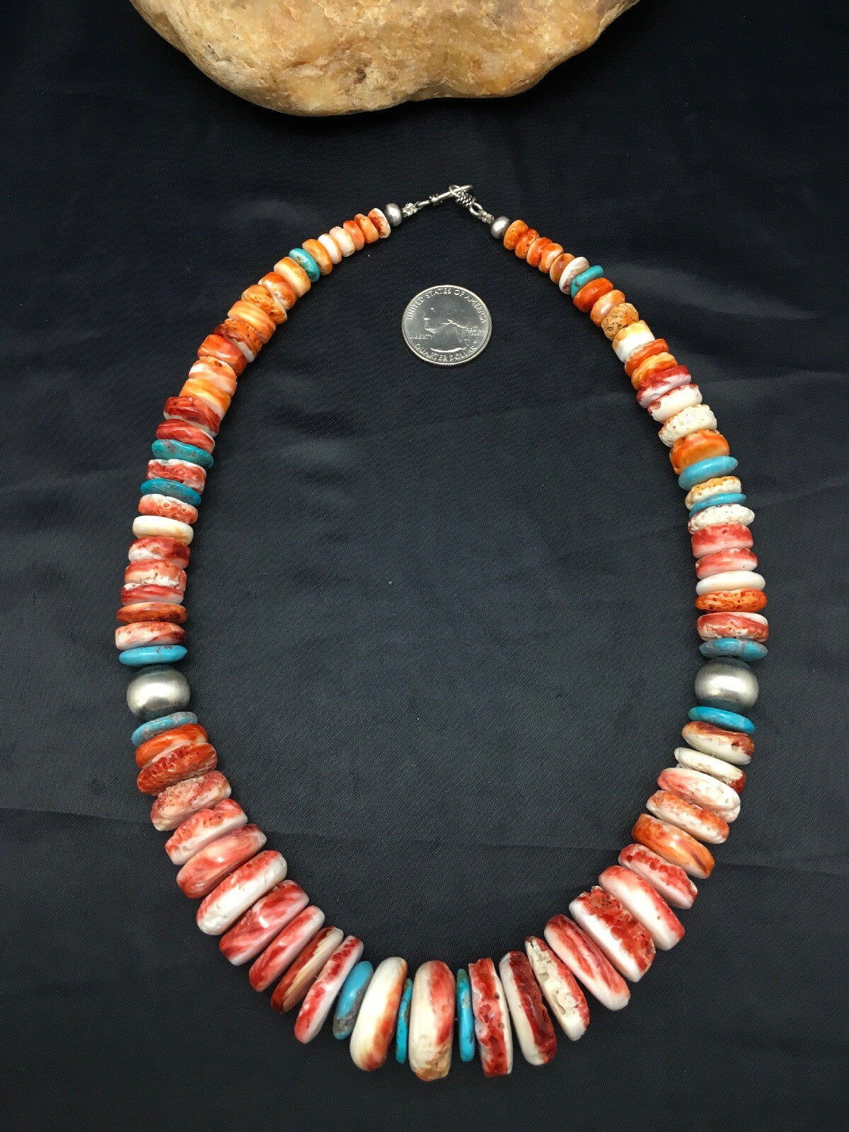 Native Spiny Oyster Graduated Necklace Navajo Sterling Silver 20" 4177