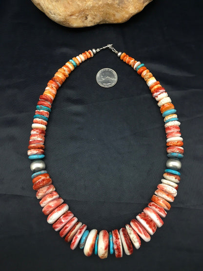 Native Spiny Oyster Graduated Necklace Navajo Sterling Silver 20" 4177