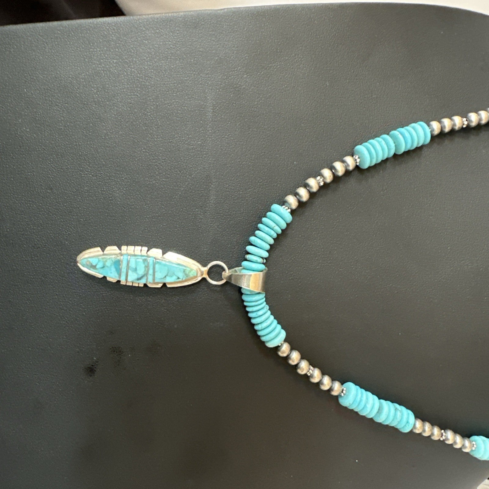 Blue Turquoise Inlay Pendant Navajo Sterling Native American Necklace 20" 19510