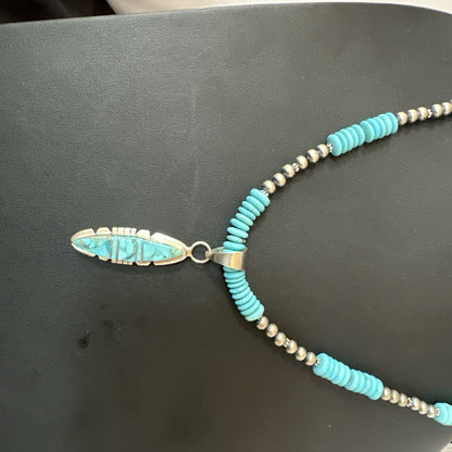 Blue Turquoise Inlay Pendant Navajo Sterling Native American Necklace 20" 19510