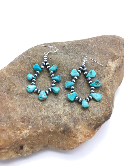 Blue Turquoise Cluster Navajo Sterling Silver Earrings 2" 02971