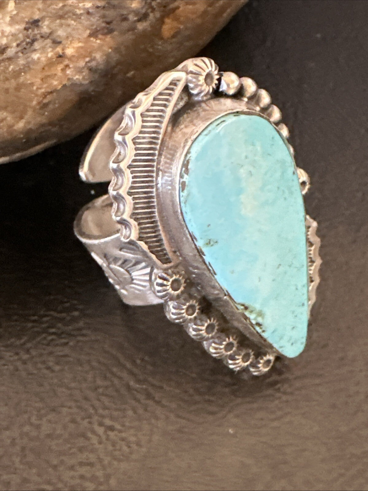 Navajo Sterling Silver Blue Kingman Turquoise Adjustable Ring Sz 7 18772