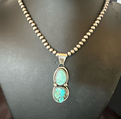 Blue Turquoise 2 Stone Navajo Sterling Silver Cluster Pendant 18191
