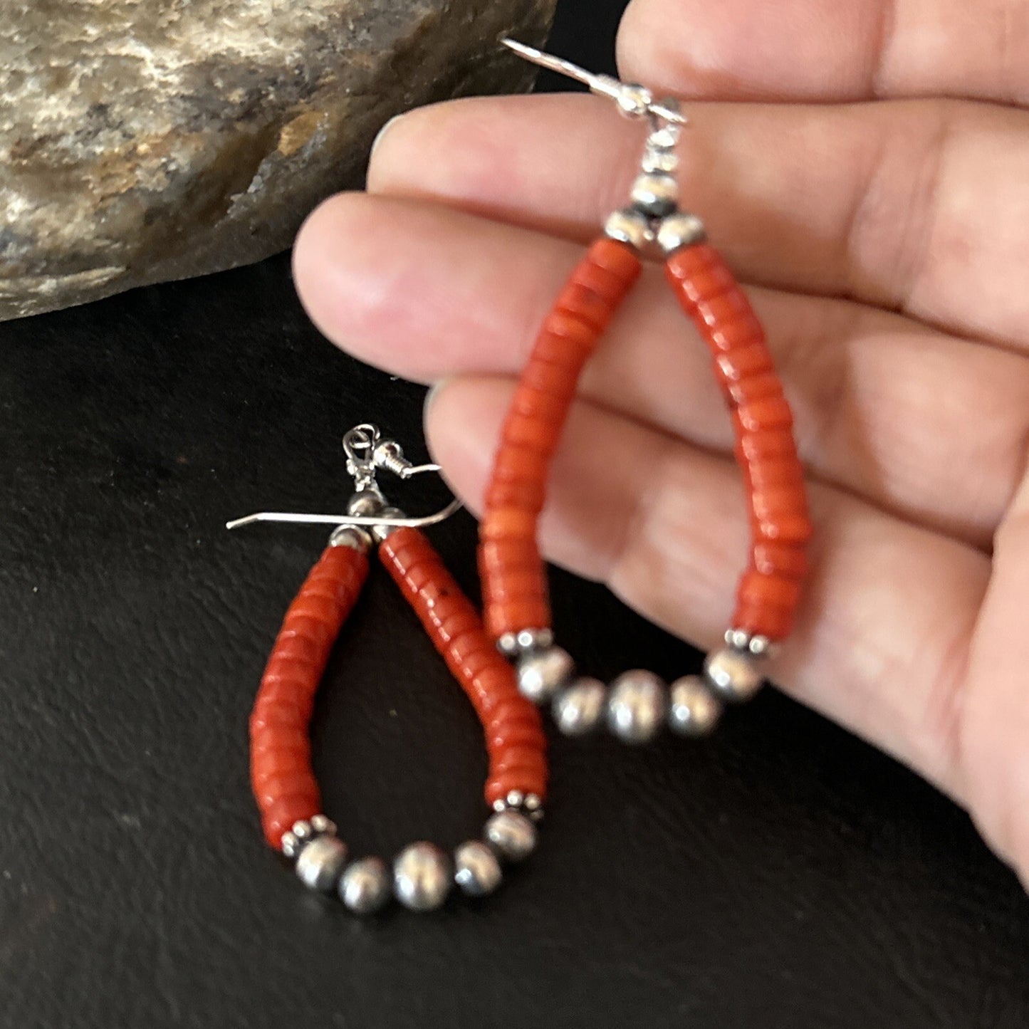 Native American Red Coral Bead Earrings Navajo Sterling Silver 14383