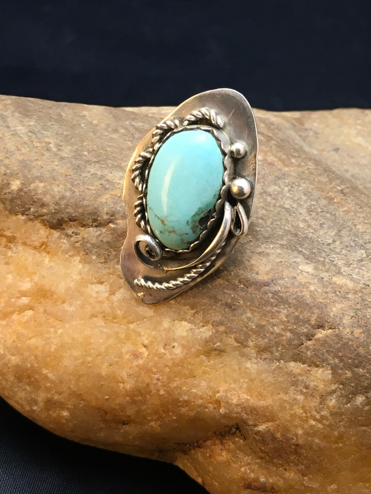 Blue Turquoise Navajo Sterling Silver Ring Size 7.25 02510