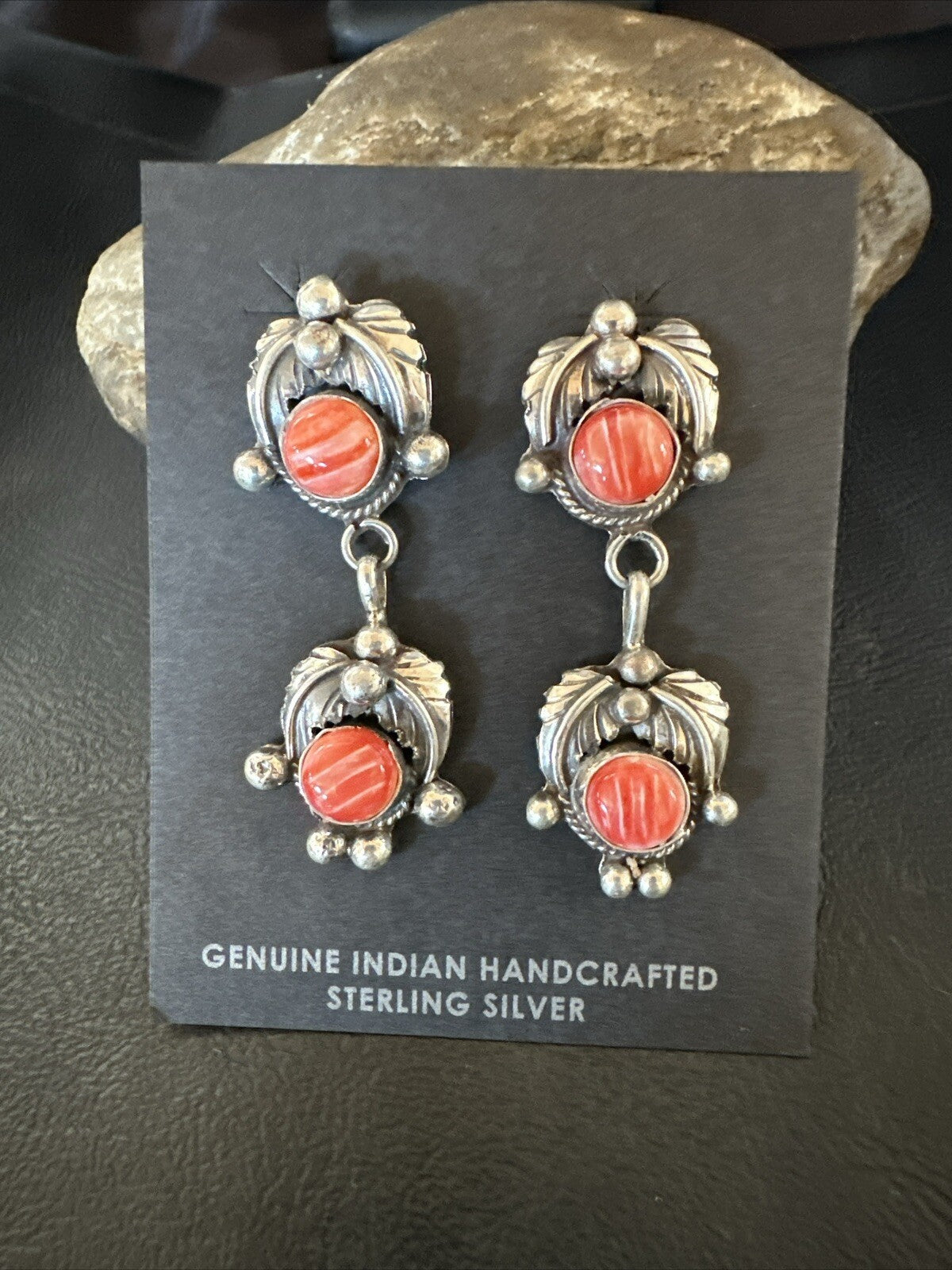 Red Spiny Oyster Pearl Navajo Sterling Silver Dangle Earrings 2062
