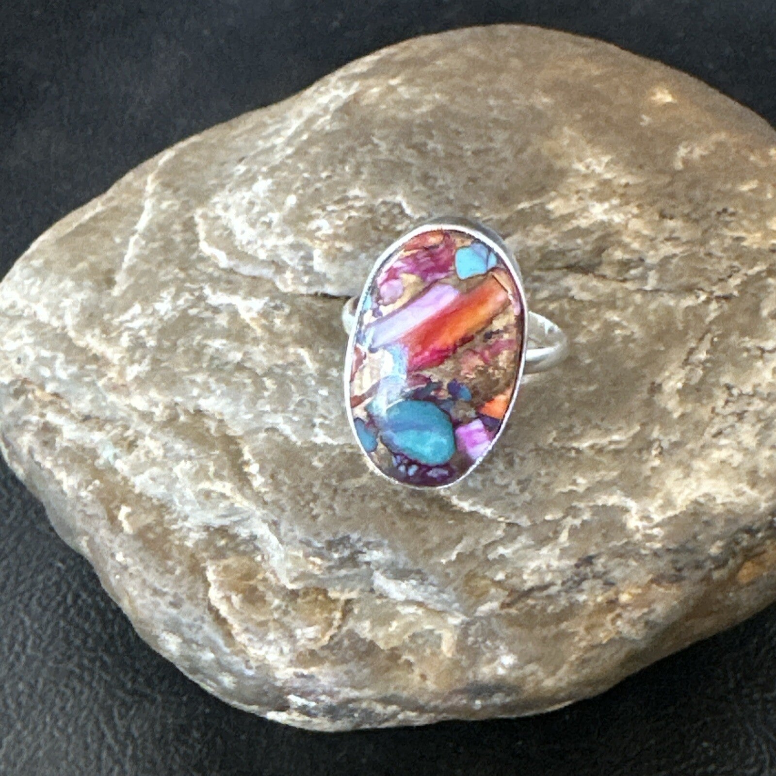 Blue Turquoise Spiny Oyster Southwestern Sterling Silver Ring Size 9 18539