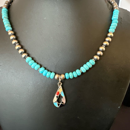 Zuni Turquoise Pink MOP Inlay Pendant 2Sided Necklace Sterling Silver 18064