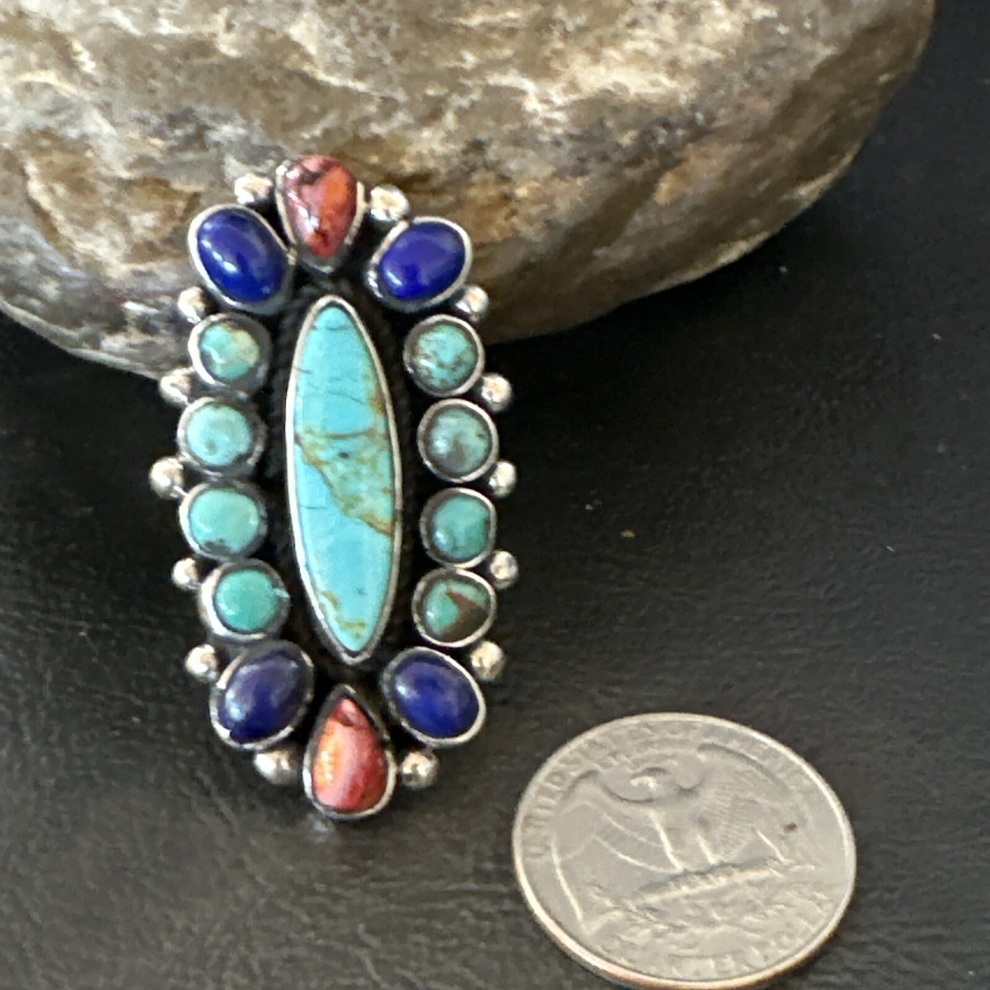 Cluster Blue Turquoise Spiny Oyster Lapis Sterling Silver Ring Size 6.5 18566