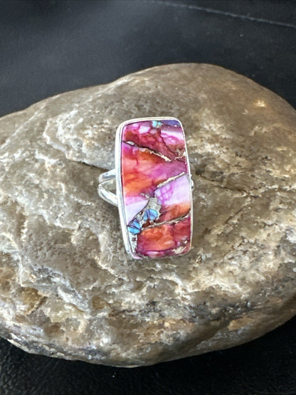 Blue Turquoise Spiny Oyster Southwestern Sterling Silver Ring Size 8 18486