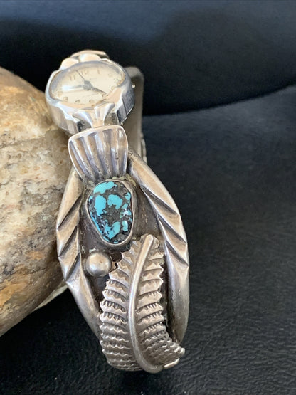 Blue Kingman Turquoise Inlay Navajo Sterling Silver Old Pawn Watch Tips 01442