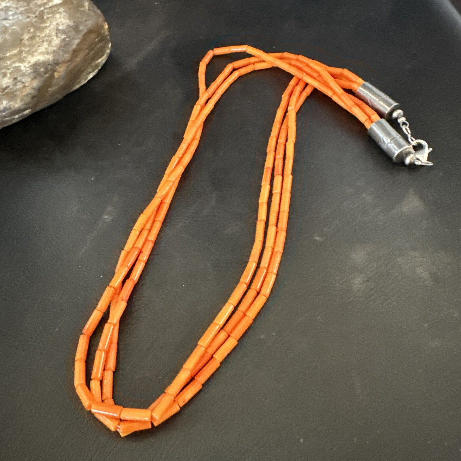 Native American Orange Coral Tubes Sterling Silver 3 Strand Necklace 21" 17821