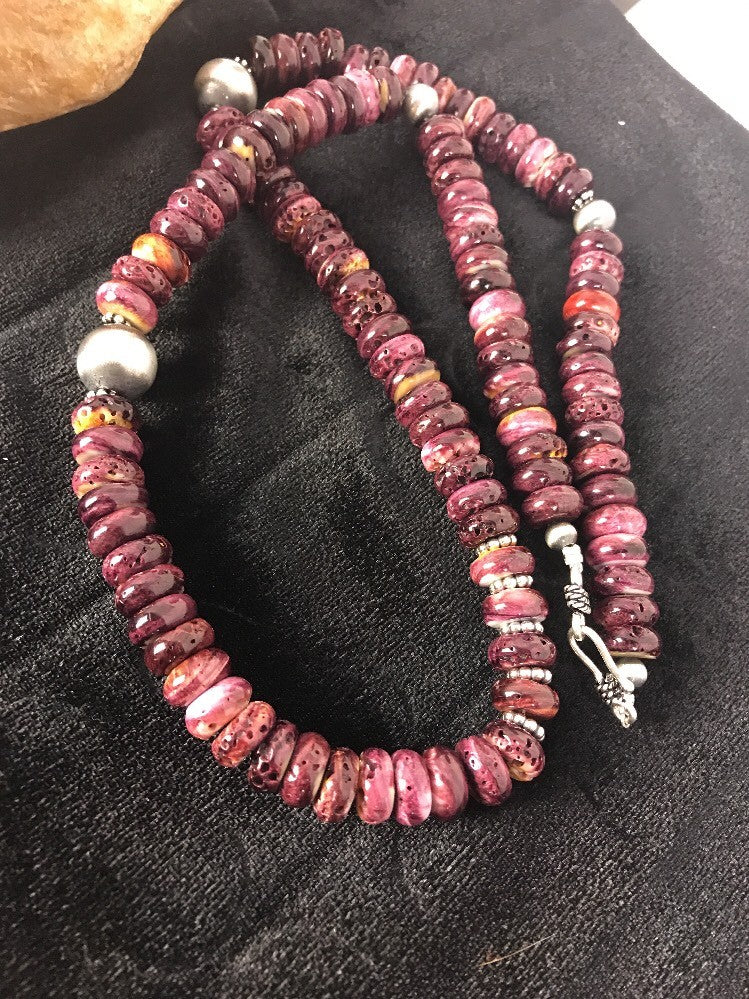 Purple Spiny Oyster 10 mm Bead Navajo Sterling Silver Beads Necklace 00409