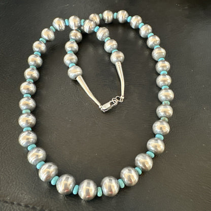 Blue Turquoise 10mm Round Sterling Silver Beads Necklace 24” 92408