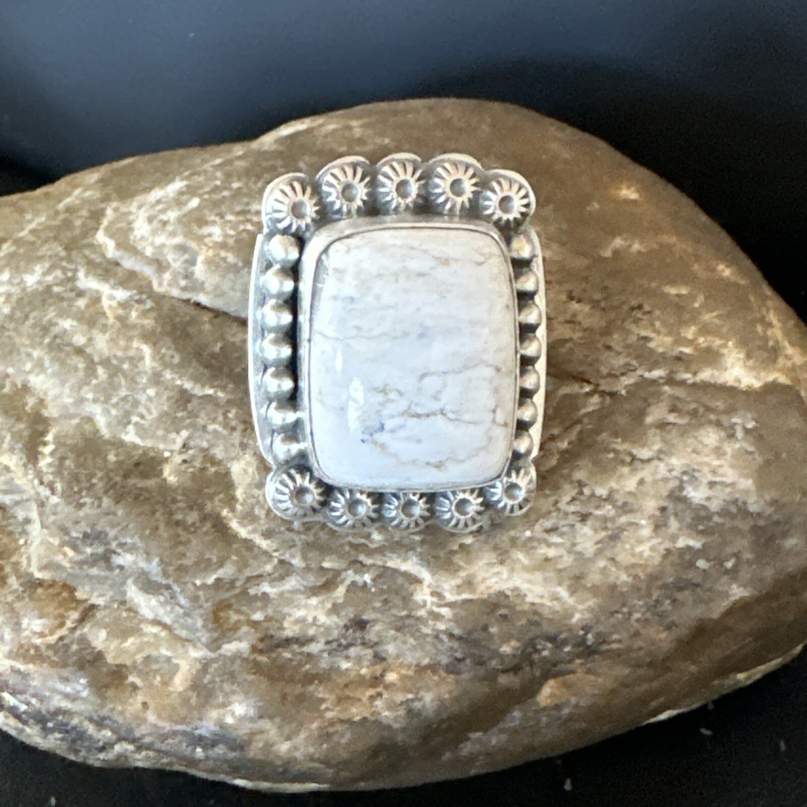 White Buffalo Turquoise Navajo Sterling Silver Ring Size 8 18776