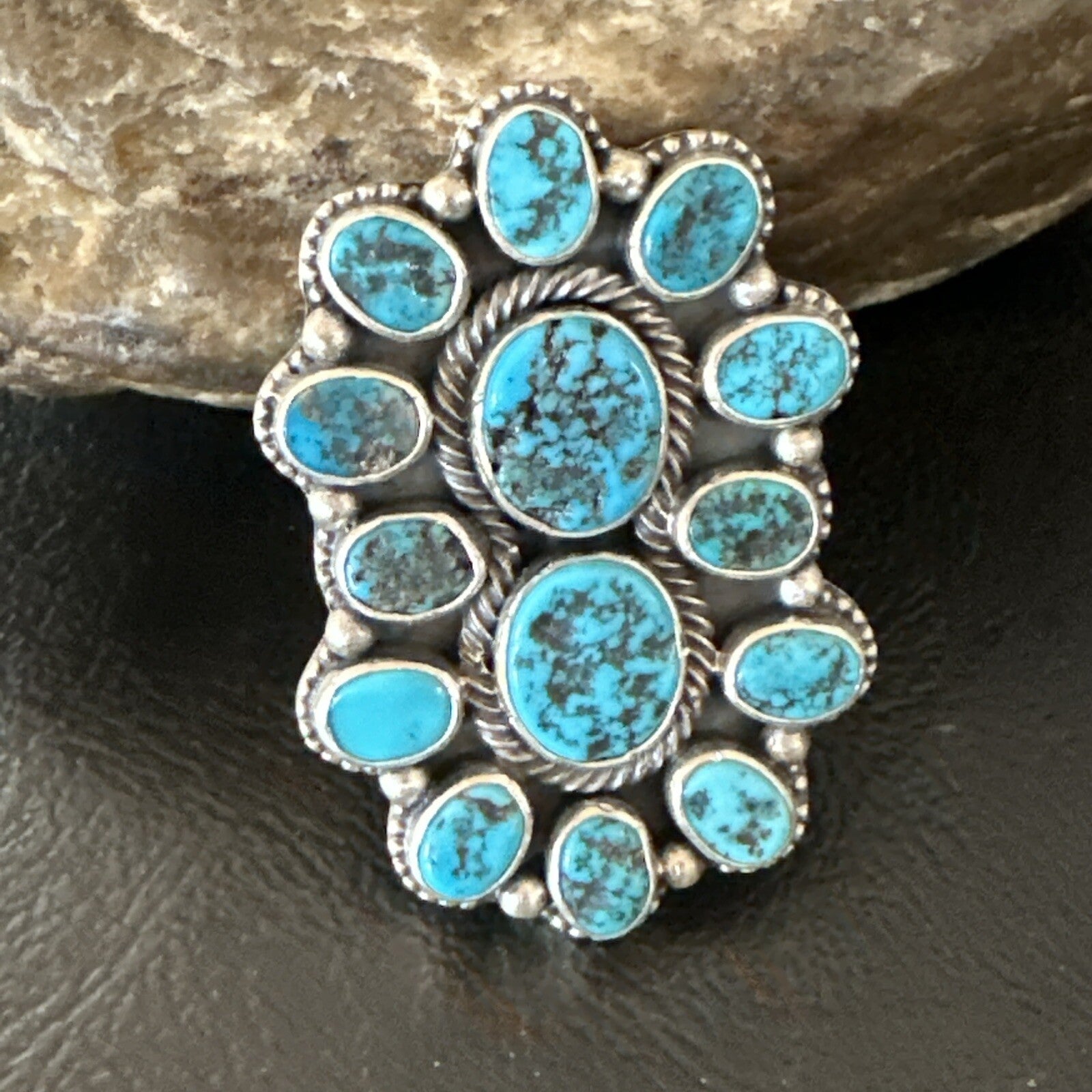 Navajo Cluster Blue Kingman Turquoise Sterling Silver Adjustable Ring Sz 7 18794