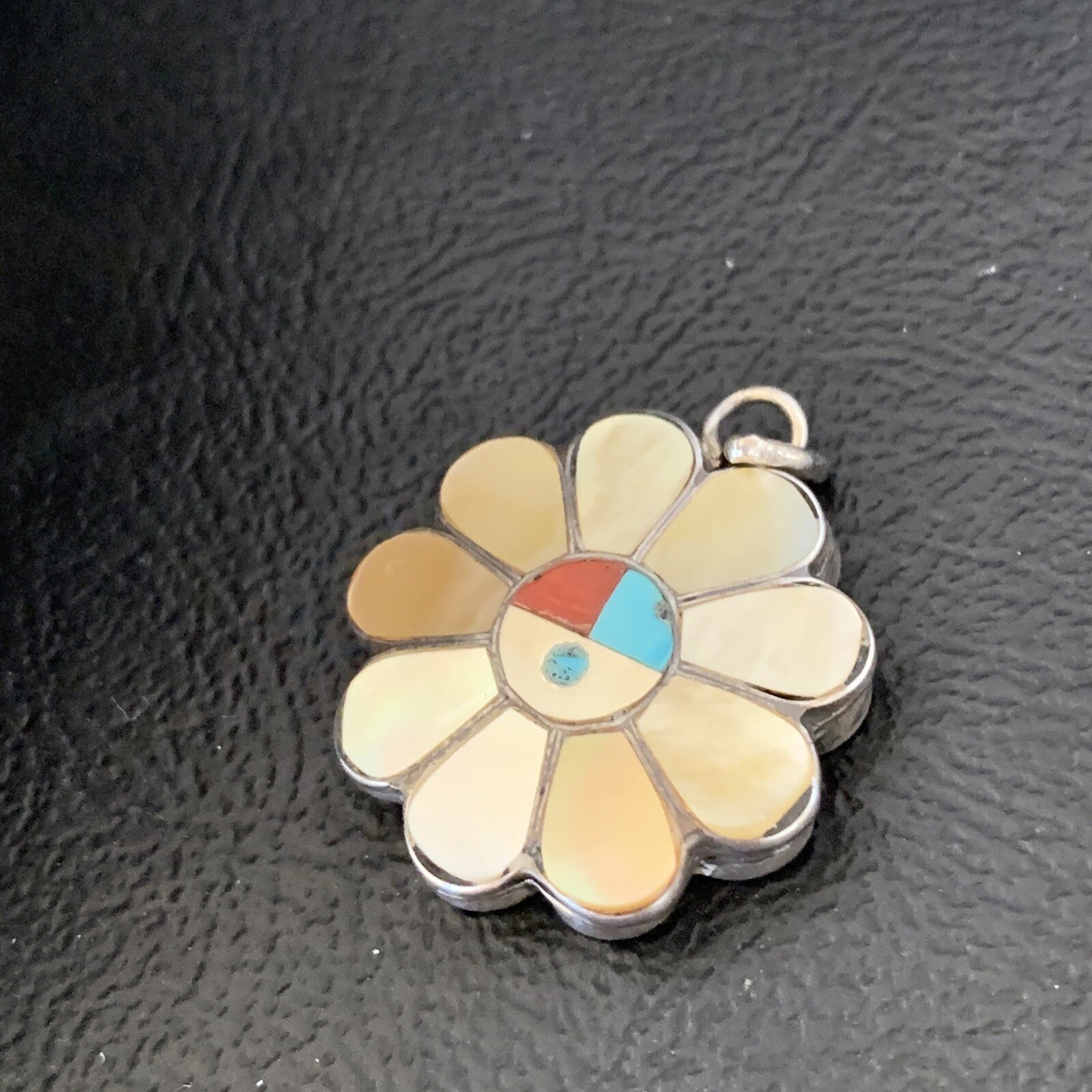 Mother Of Pearl Turquoise Spiny Inlay Zuni Sterling Silver 2 Sided Pendant 1683