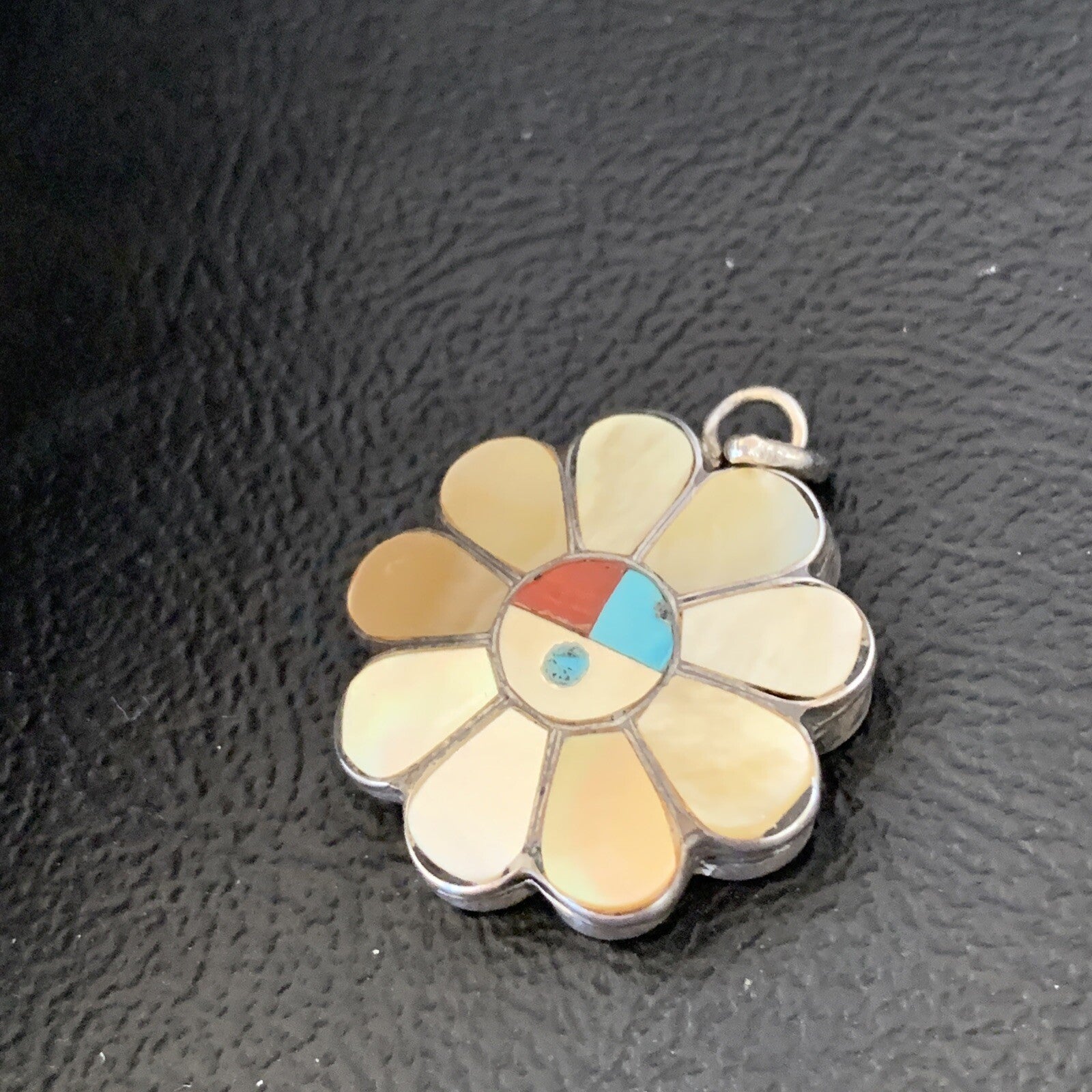 Mother Of Pearl Turquoise Spiny Inlay Zuni Sterling Silver 2 Sided Pendant 1683