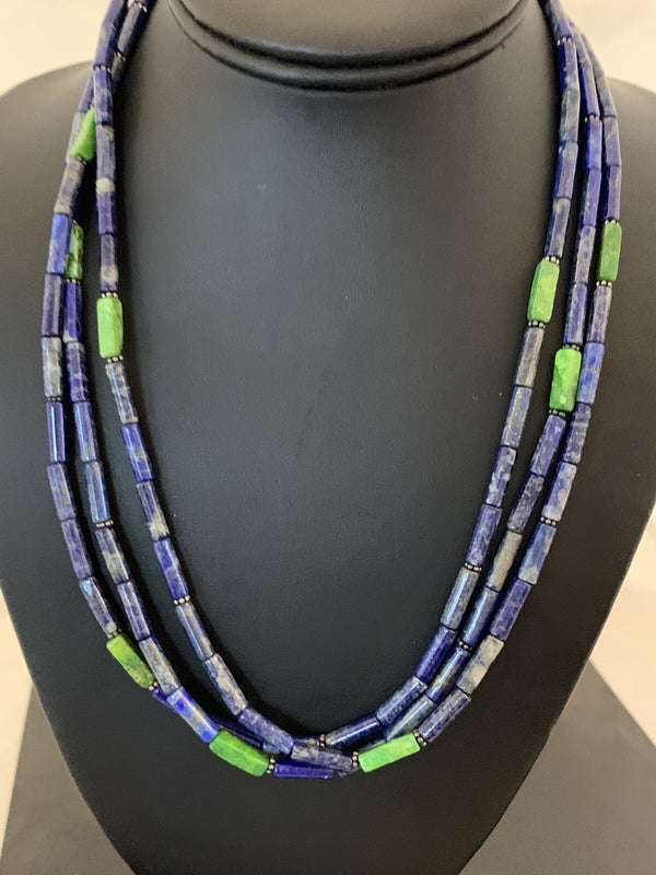 Men's Navajo Lapis Green Turquoise 3 Strands 21"Necklace | Sterling Silver | Authentic Native American Handmade | 8370