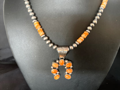 Orange Spiny Oyster Naja Pendant Navajo Pearls Sterling Silver Necklace 11346