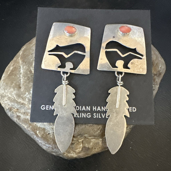 Old Pawn Pink Coral Navajo Dangle Bear Feather Earrings 2" | Sterling Silver | Authentic Native American Handmade | 19084