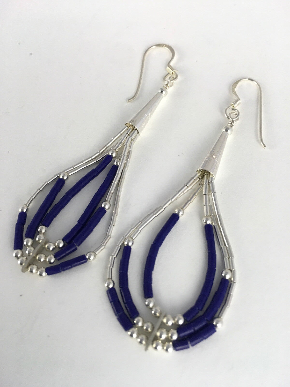 Lapis Lazuli Heishi Tube Liquid Sterling Silver Dangle Earrings 2" 08876