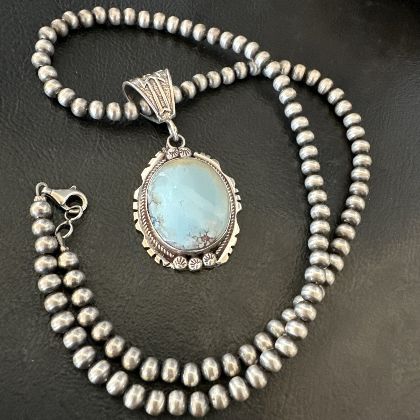 Mens Blue Dry Creek Turquoise Pendant Navajo Pearls Sterling Necklace 18681