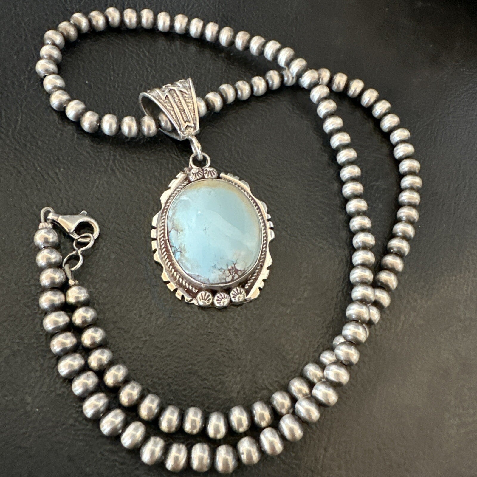 Mens Blue Dry Creek Turquoise Pendant Navajo Pearls Sterling Necklace 18681