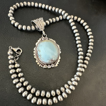 Mens Blue Dry Creek Turquoise Pendant Navajo Pearls Sterling Necklace 18681