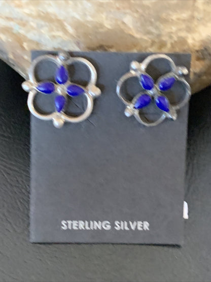 Blue Lapis Sterling Silver Multi-Stone Post Stud Inlay Earrings 0.5" 12707