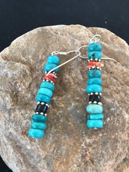 Blue Turquoise Red Spiny Oyster Sterling Silver Navajo Earrings