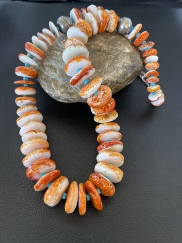 Navajo Turquoise & Orange Spiny Oyster Necklace Graduated 22" 10587