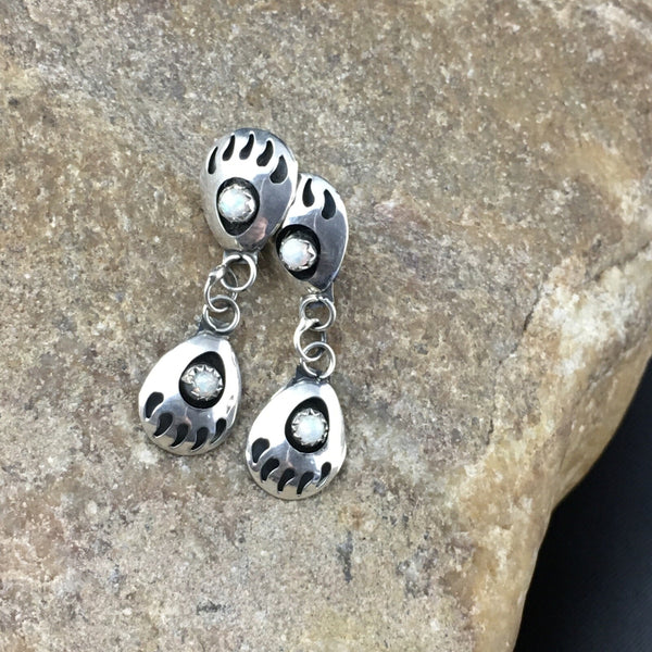 White Opal Navajo Post Dangle Bear Paw Earrings 1.30" | Sterling Silver | Authentic Native American Handmade | 08694