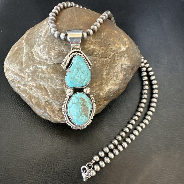 Blue Turquoise 2 Stone Navajo Cluster Pendant | Sterling Silver | Authentic Native American Handmade | 18308